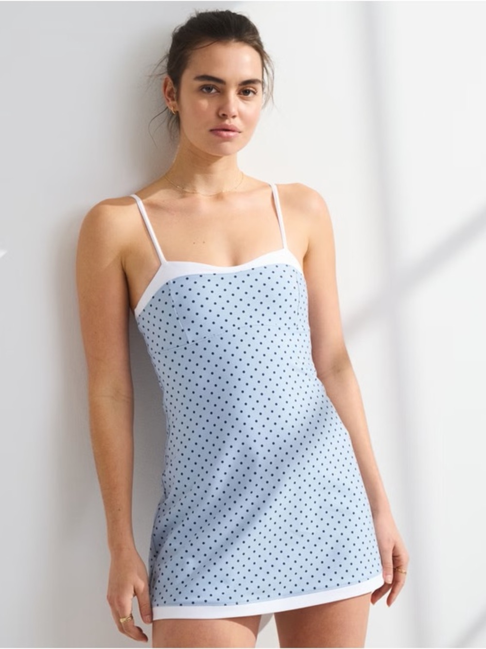 Abercrombie YPB sculptLUX Sweetheart Mini Dress in Blue Gray Dot